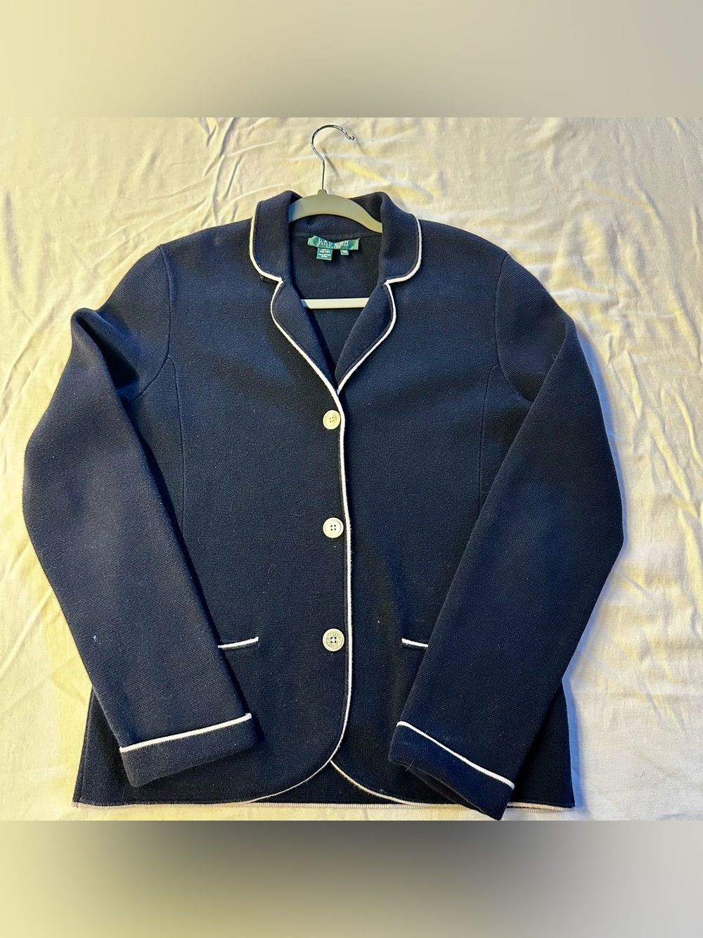 Lauren Ralph Lauren Petite Navy Blue Knit Blazer White Piping Cotton P/M